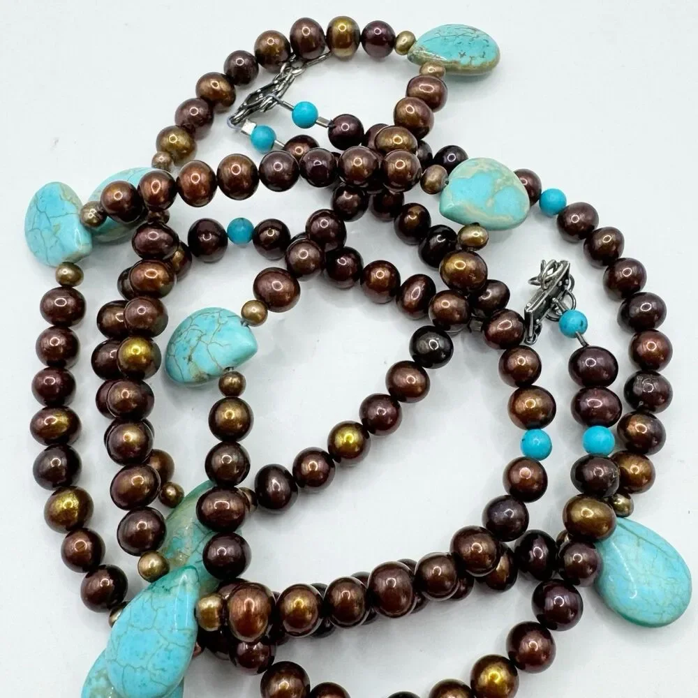 Turquoise Teardrop Bronze Pearl Double Strand Necklace Sterling Silver Bohemian